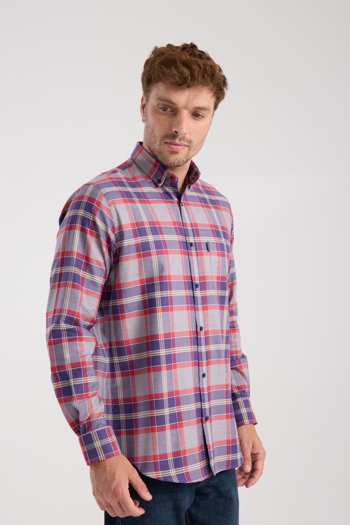 AClub AC10098 Twill Pamuklu Regular Fit Gri Düğmeli Yaka Erkek Kareli Gömlek