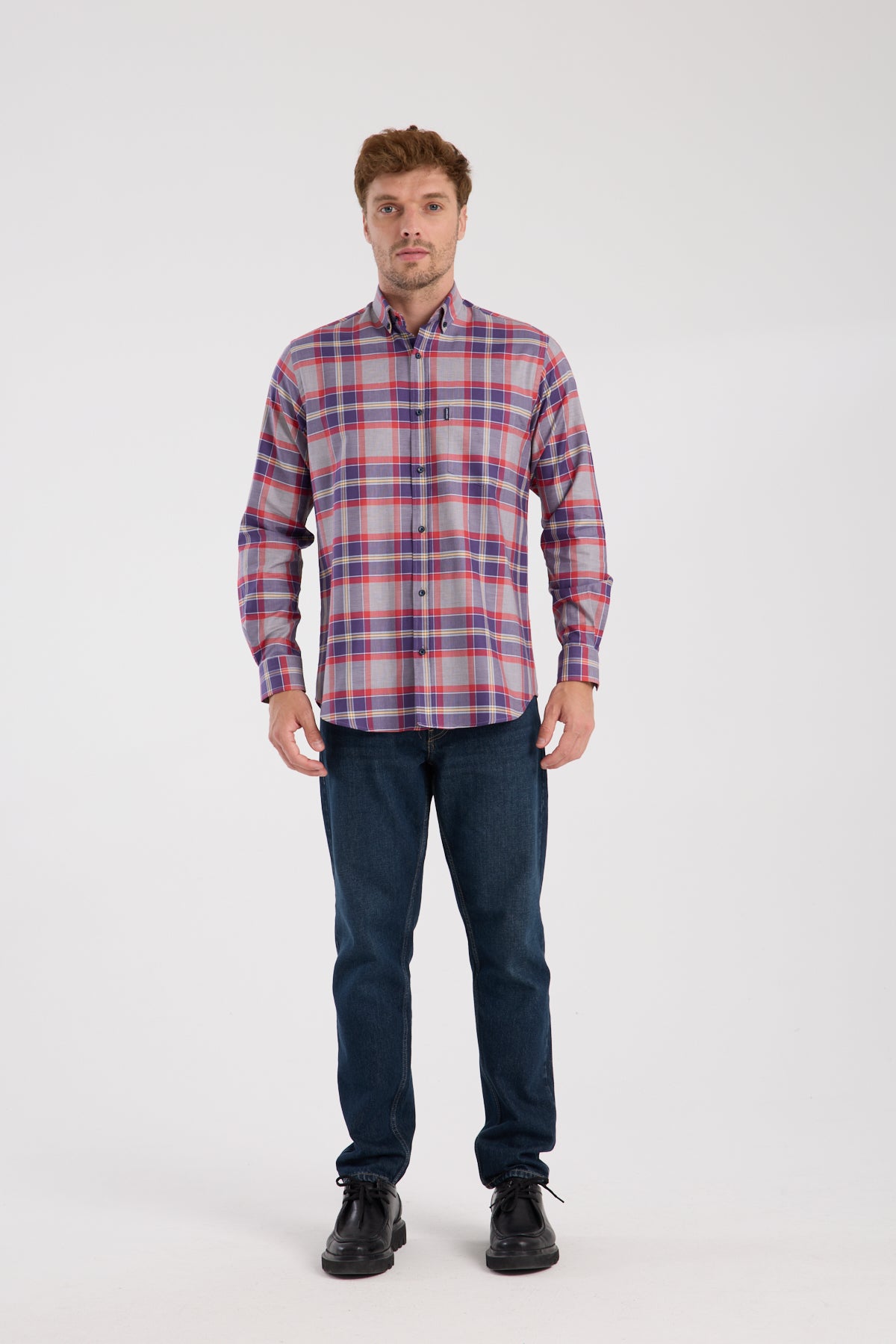 AClub AC10098 Twill Pamuklu Regular Fit Gri Düğmeli Yaka Erkek Kareli Gömlek