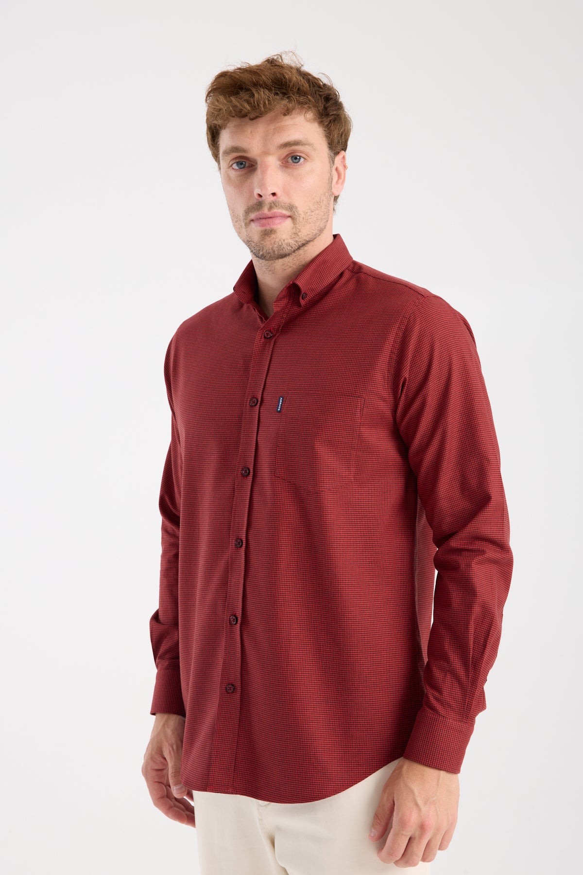 AClub AC10099 Armür Stretch Pamuk Karışımlı Regular Fit Kırmızı Düğmeli Yaka Erkek Desenli Gömlek