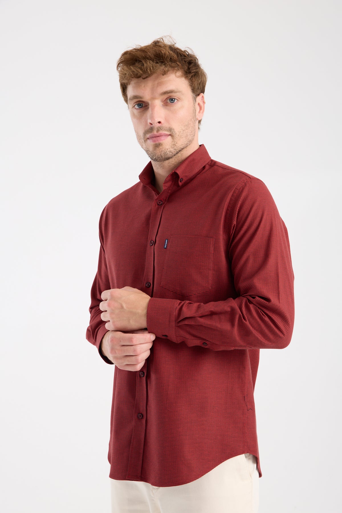 AClub AC10099 Armür Stretch Pamuk Karışımlı Regular Fit Kırmızı Düğmeli Yaka Erkek Desenli Gömlek