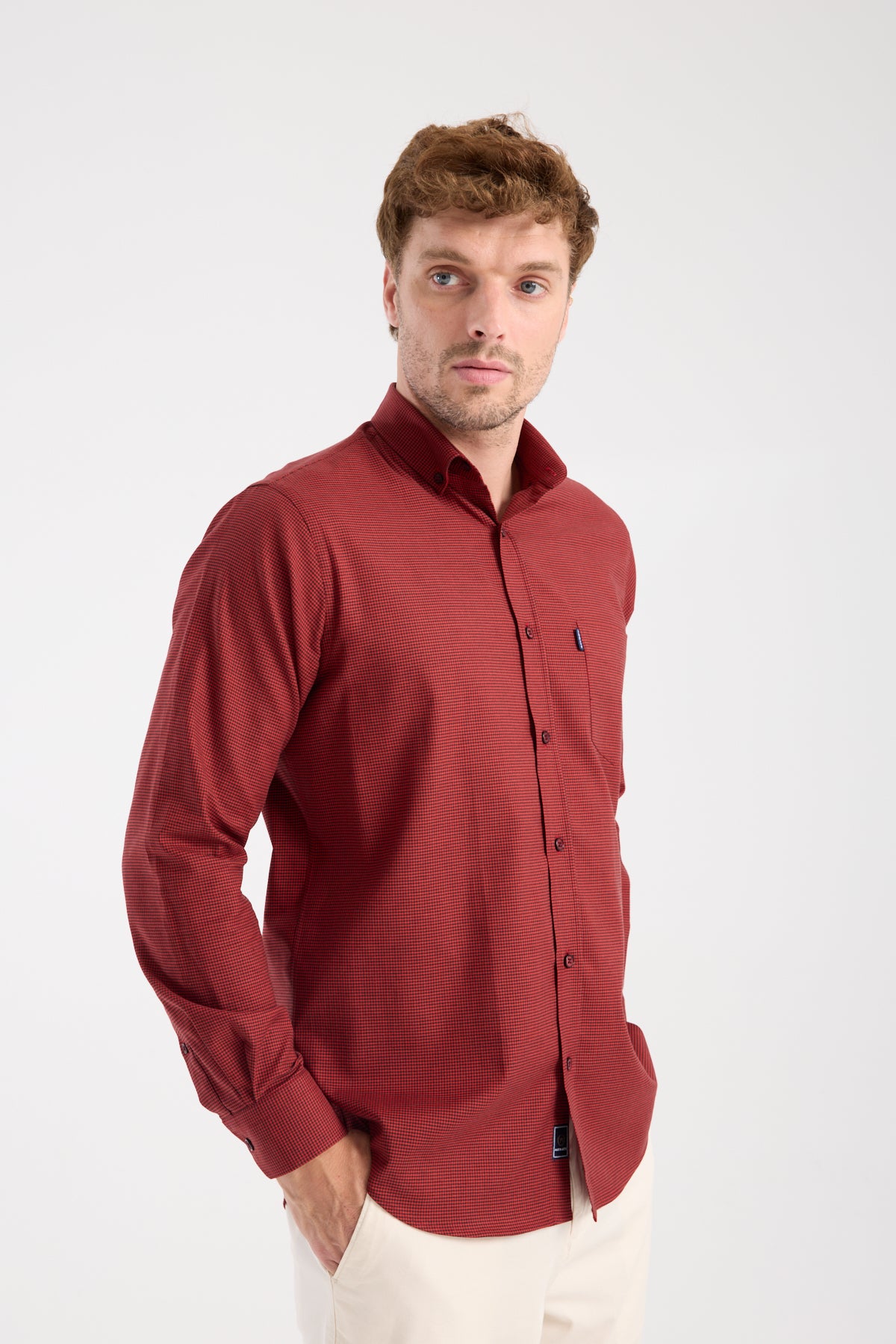 AClub AC10099 Armür Stretch Pamuk Karışımlı Regular Fit Kırmızı Düğmeli Yaka Erkek Desenli Gömlek