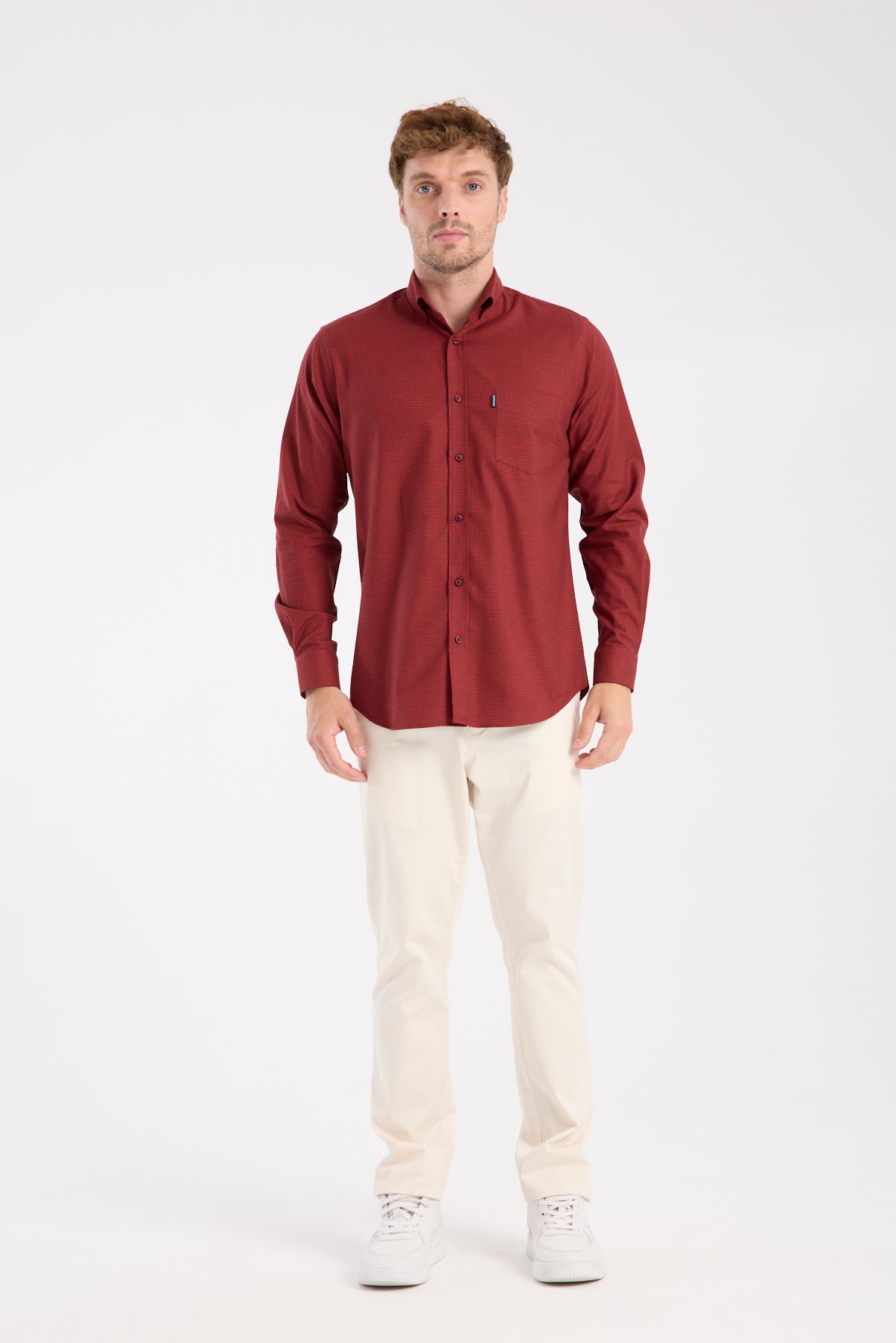 AClub AC10099 Armür Stretch Pamuk Karışımlı Regular Fit Kırmızı Düğmeli Yaka Erkek Desenli Gömlek