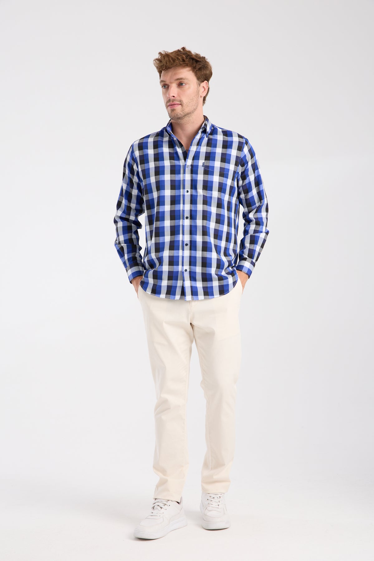 AClub AC10100 Twill Pamuk Karışımlı Regular Fit Lacivert Düğmeli Yaka Erkek Kareli Gömlek