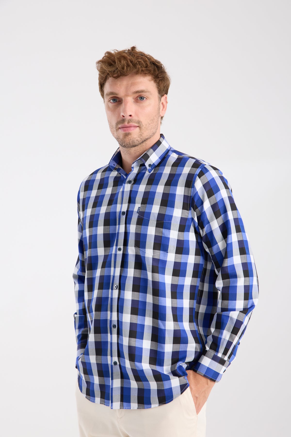 AClub AC10100 Twill Pamuk Karışımlı Regular Fit Lacivert Düğmeli Yaka Erkek Kareli Gömlek