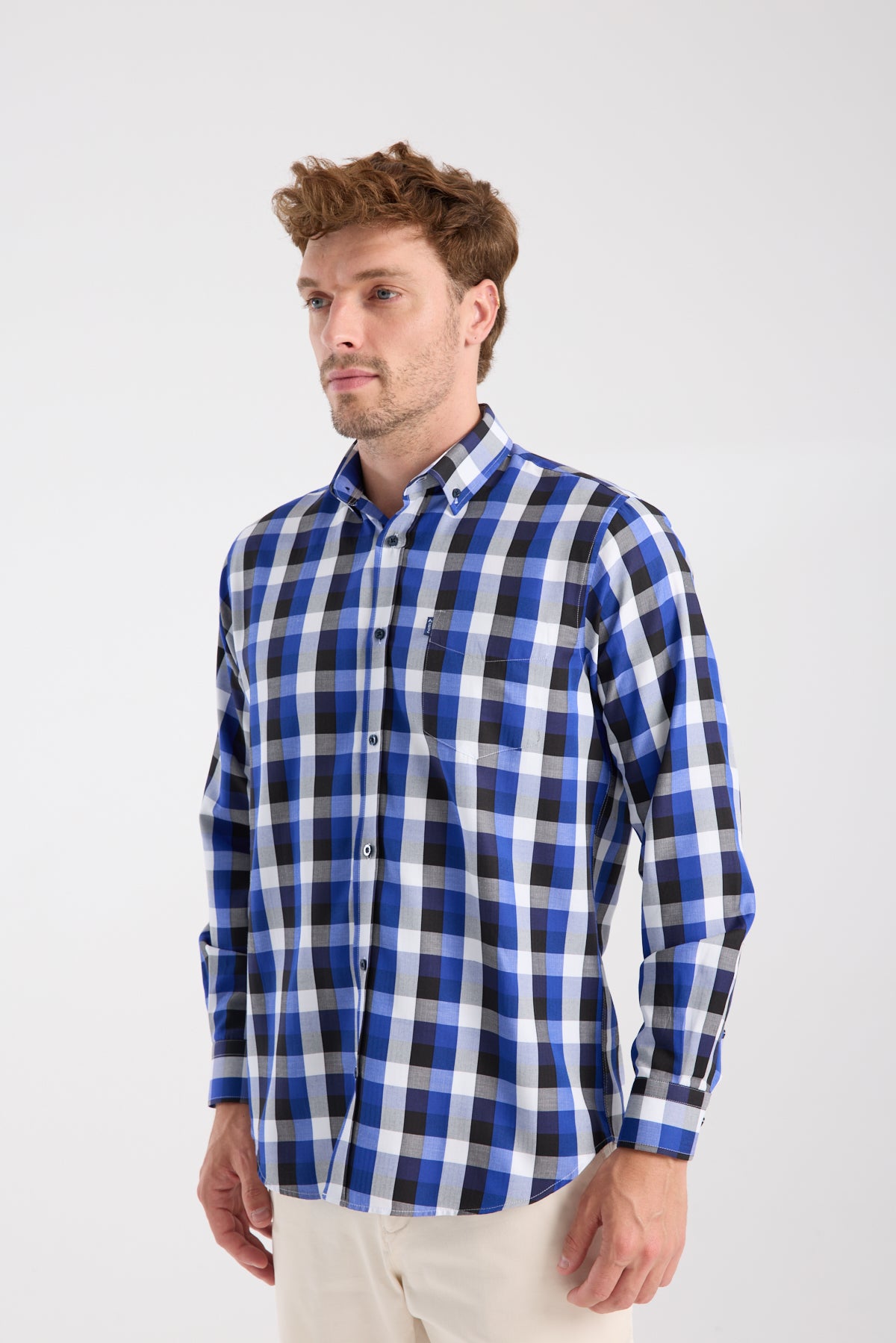 AClub AC10100 Twill Pamuk Karışımlı Regular Fit Lacivert Düğmeli Yaka Erkek Kareli Gömlek