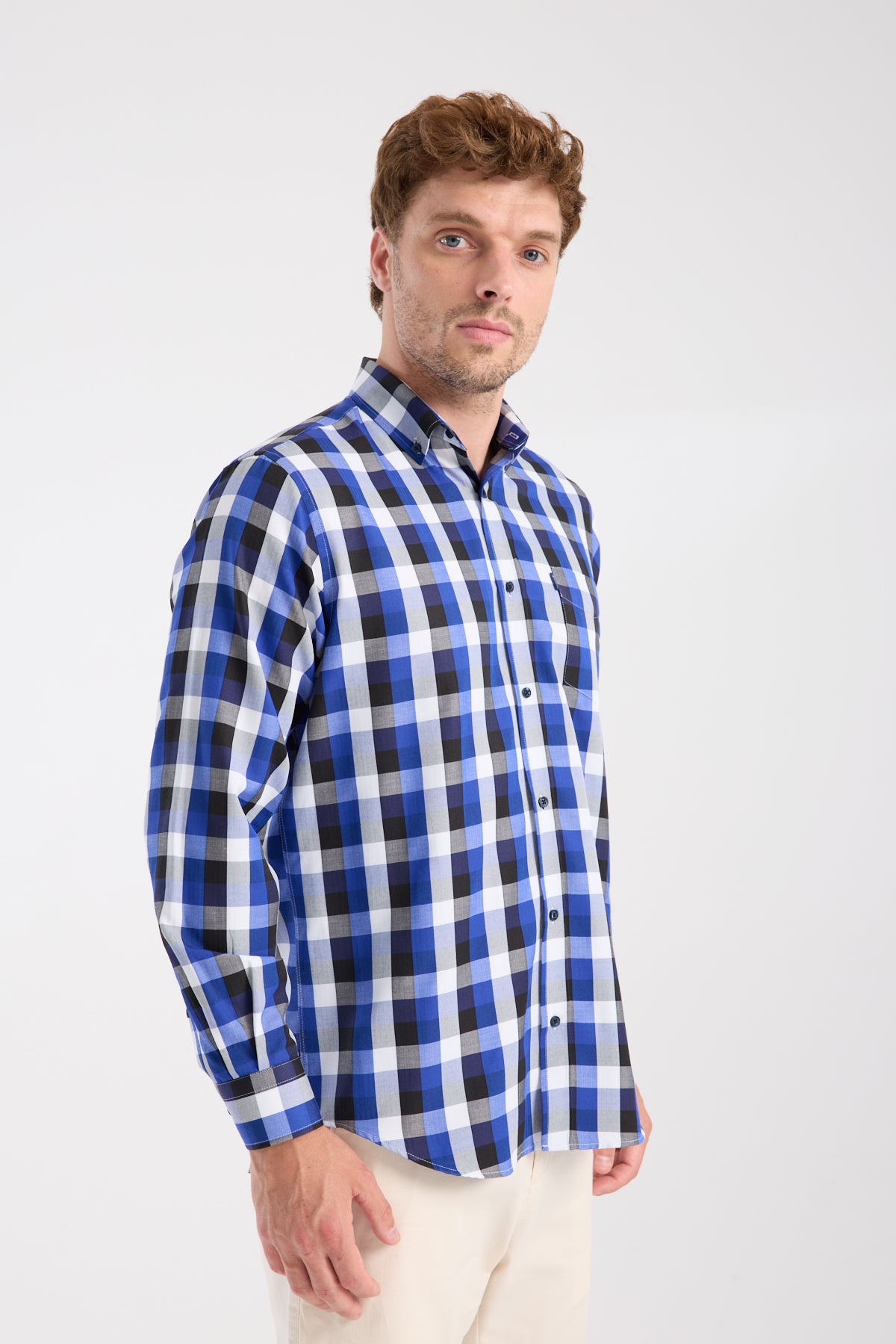 AClub AC10100 Twill Pamuk Karışımlı Regular Fit Lacivert Düğmeli Yaka Erkek Kareli Gömlek