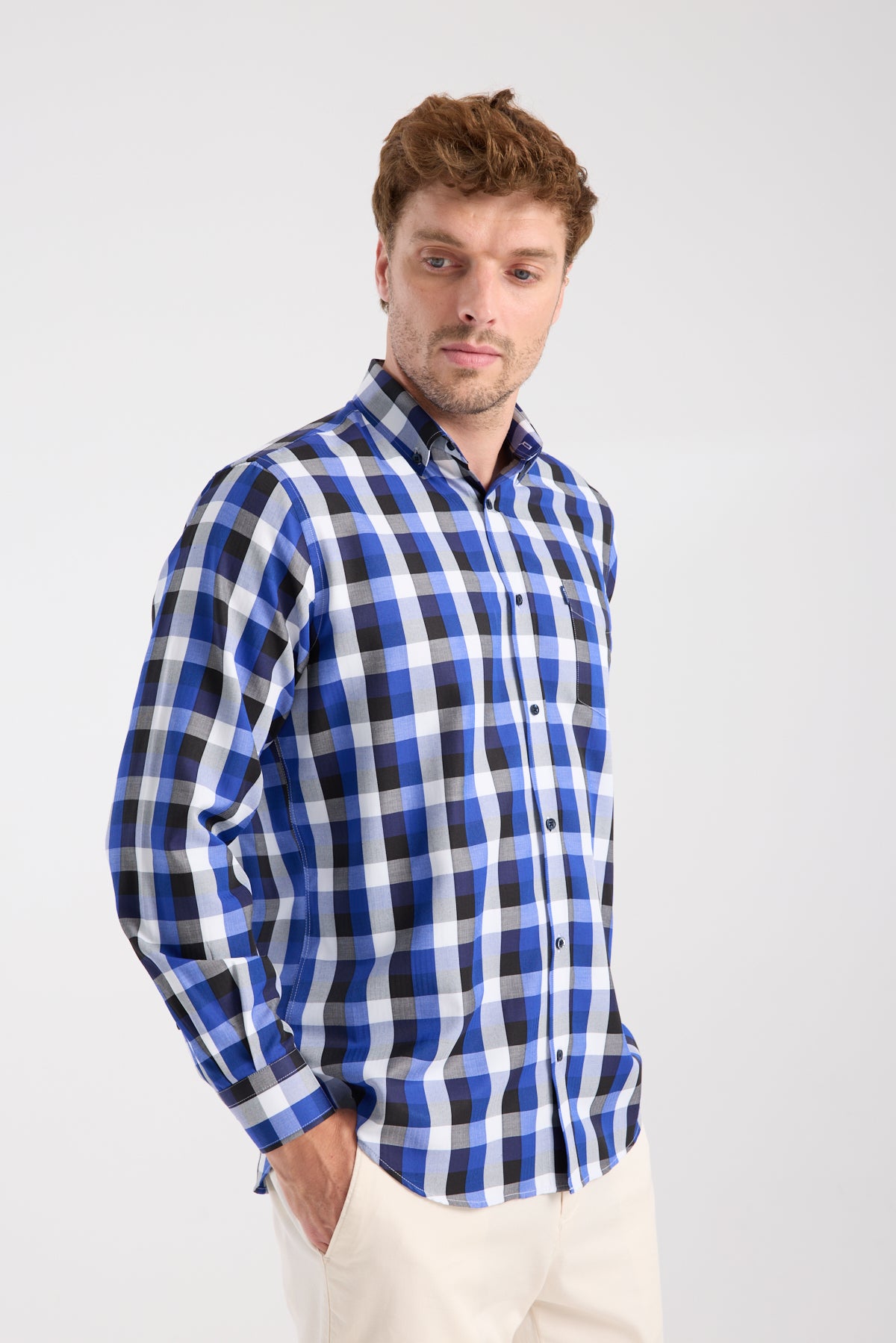 AClub AC10100 Twill Pamuk Karışımlı Regular Fit Lacivert Düğmeli Yaka Erkek Kareli Gömlek