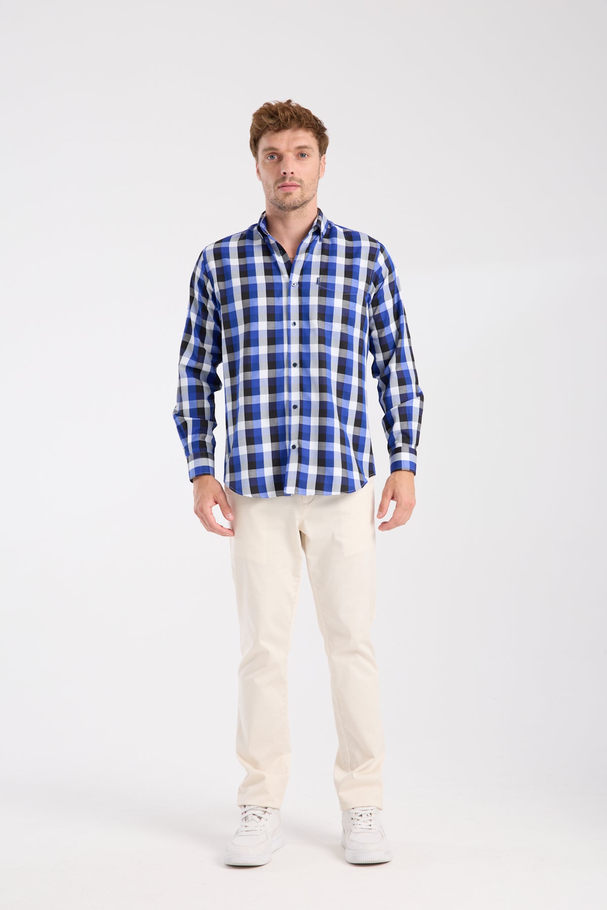 AClub AC10100 Twill Pamuk Karışımlı Regular Fit Lacivert Düğmeli Yaka Erkek Kareli Gömlek