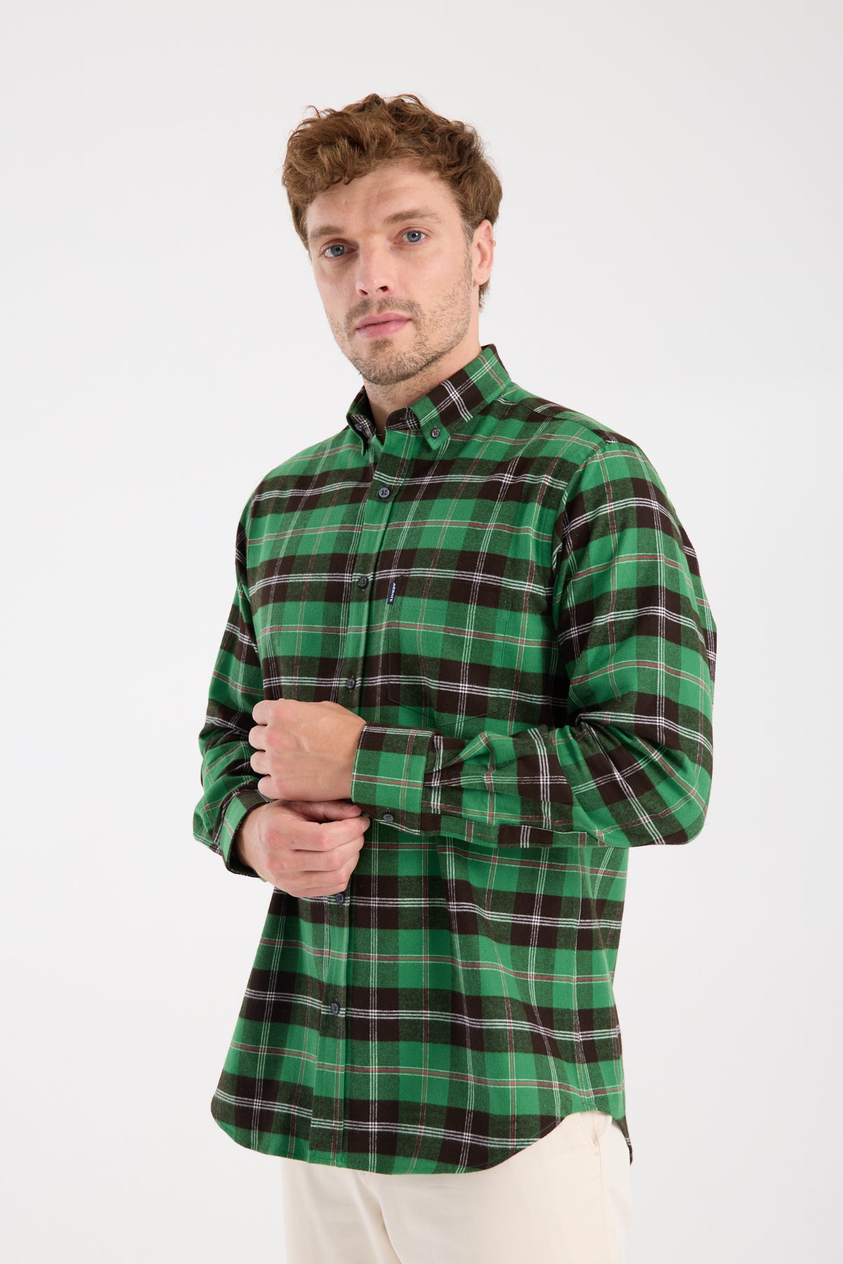 AClub AC10101 Flanel Pamuklu Regular Fit Yeşil Düğmeli Yaka Erkek Kareli Gömlek