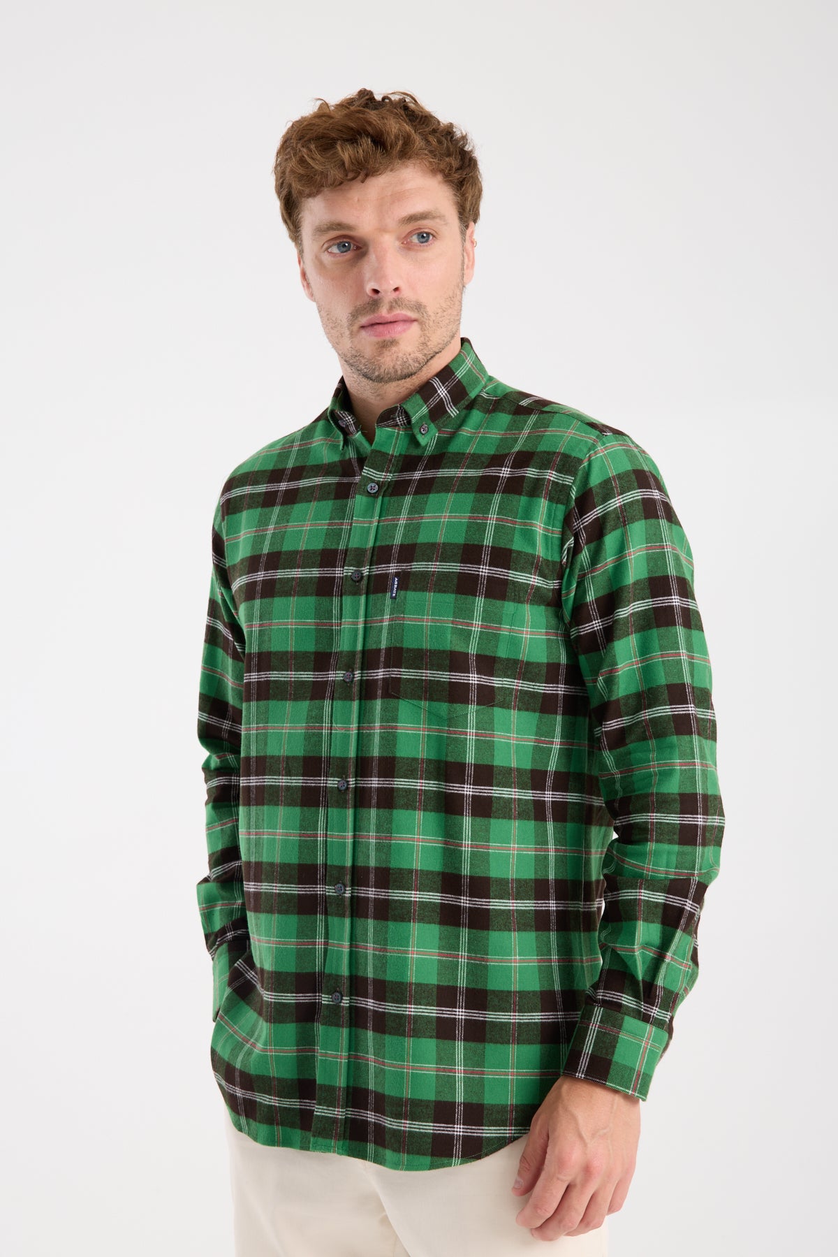 AClub AC10101 Flanel Pamuklu Regular Fit Yeşil Düğmeli Yaka Erkek Kareli Gömlek