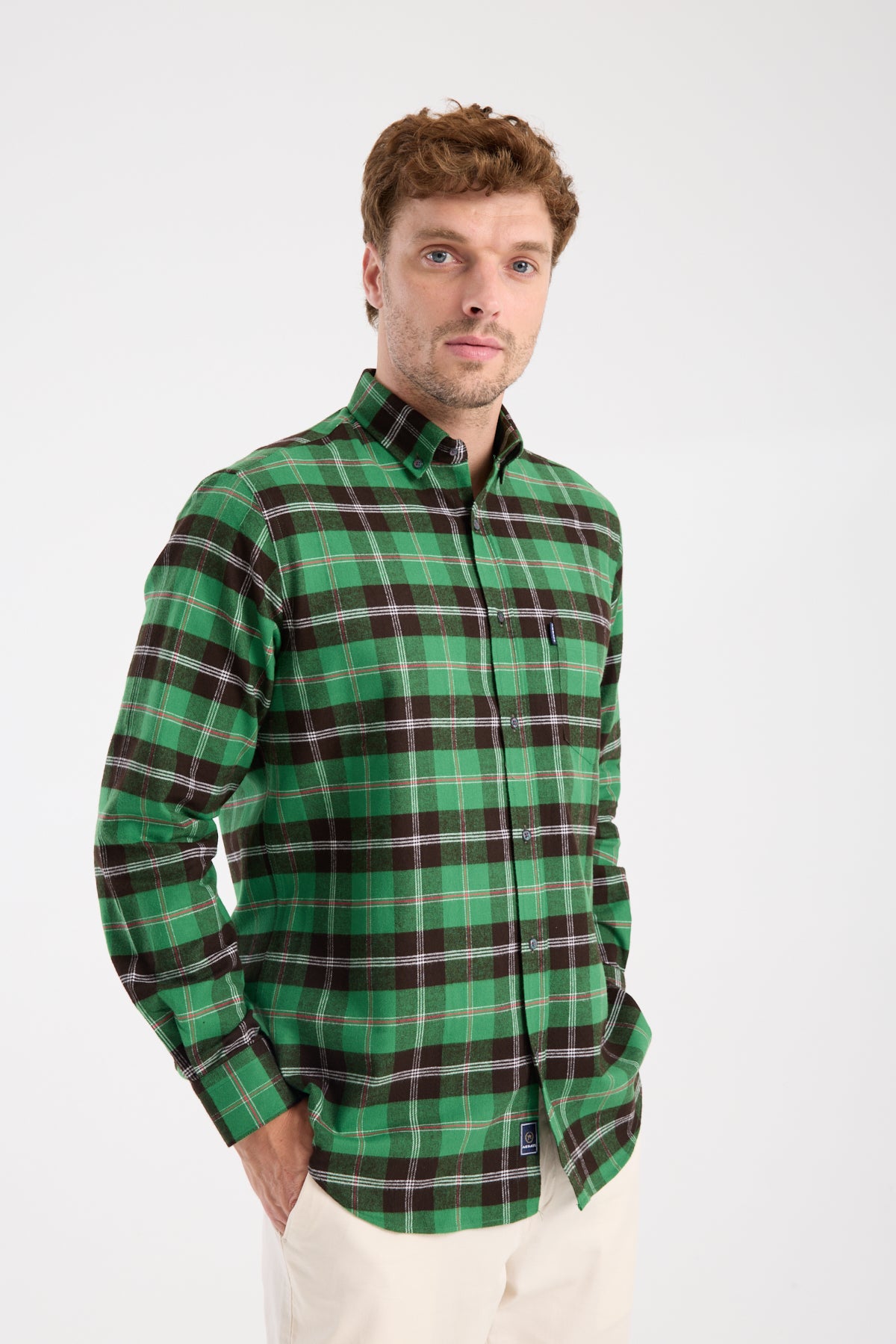 AClub AC10101 Flanel Pamuklu Regular Fit Yeşil Düğmeli Yaka Erkek Kareli Gömlek