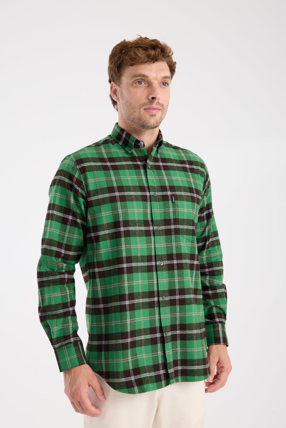 AClub AC10101 Flanel Pamuklu Regular Fit Yeşil Düğmeli Yaka Erkek Kareli Gömlek