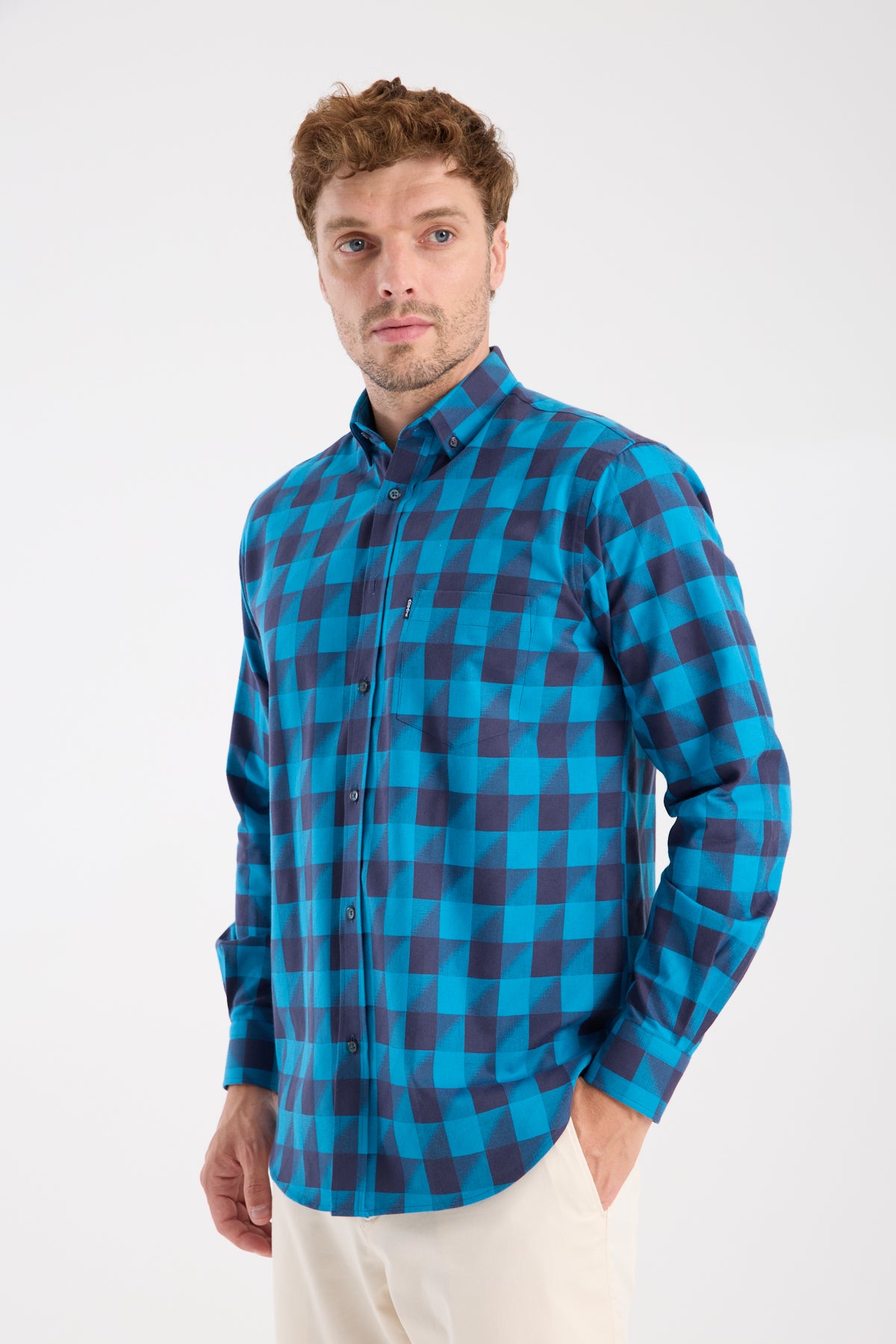 AClub AC10102 Twill Pamuklu Regular Fit Lacivert Düğmeli Yaka Erkek Kareli Gömlek
