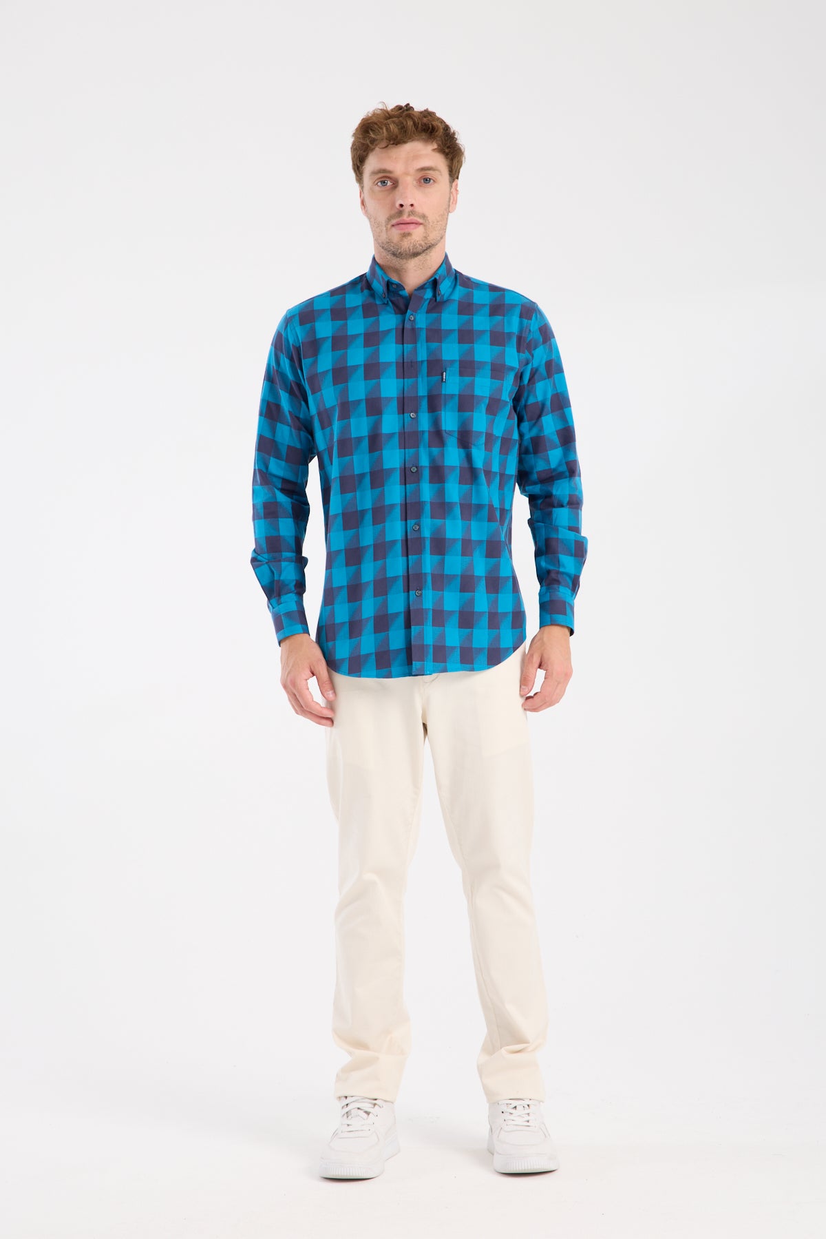 AClub AC10102 Twill Pamuklu Regular Fit Lacivert Düğmeli Yaka Erkek Kareli Gömlek