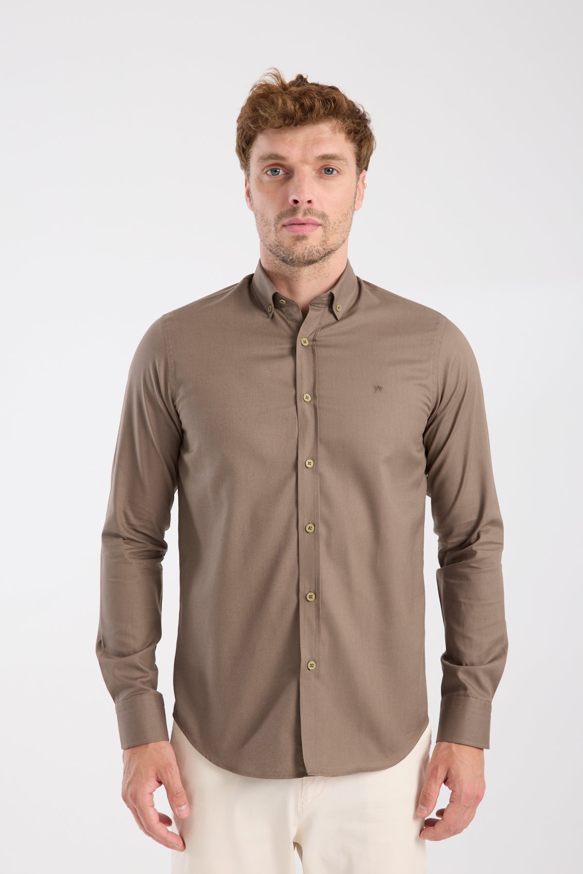 AClub AC10103 Twill Pamuklu Slim Fit Kahverengi Düğmeli Yaka Erkek Düz Gömlek