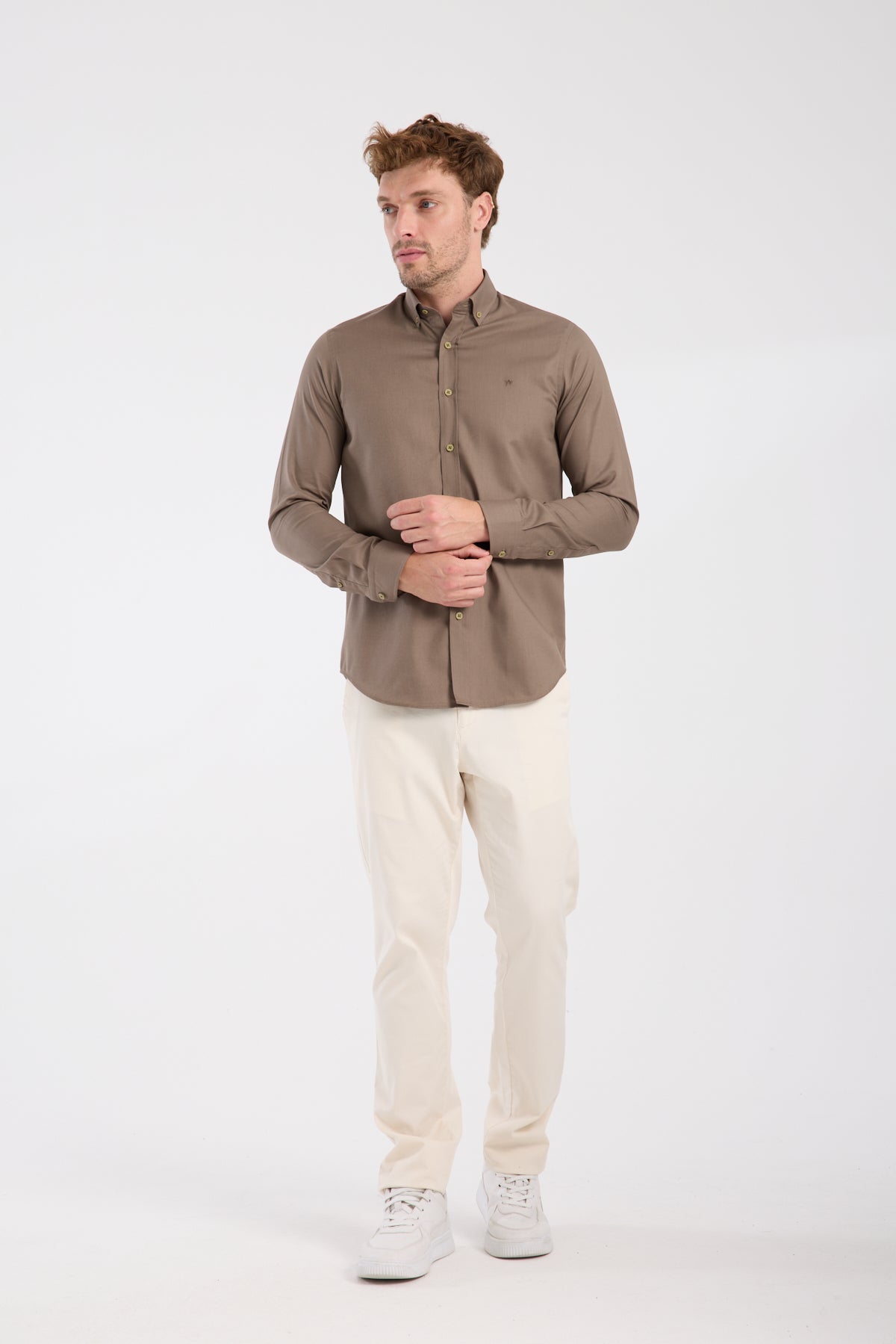 AClub AC10103 Twill Pamuklu Slim Fit Kahverengi Düğmeli Yaka Erkek Düz Gömlek