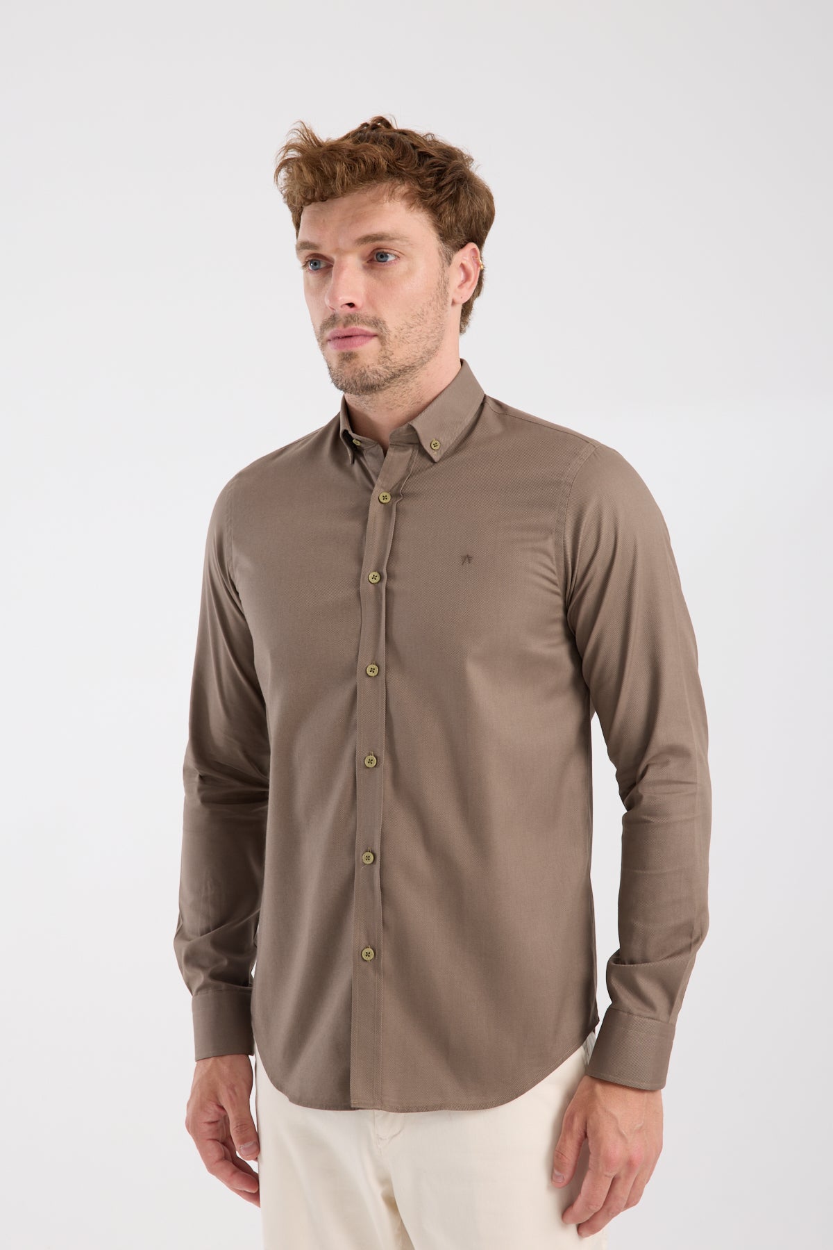 AClub AC10103 Twill Pamuklu Slim Fit Kahverengi Düğmeli Yaka Erkek Düz Gömlek