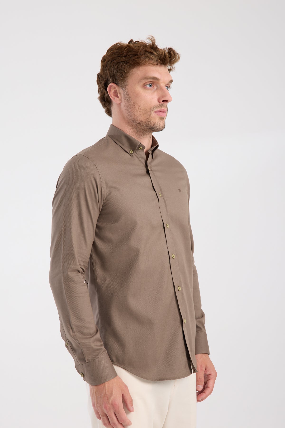 AClub AC10103 Twill Pamuklu Slim Fit Kahverengi Düğmeli Yaka Erkek Düz Gömlek