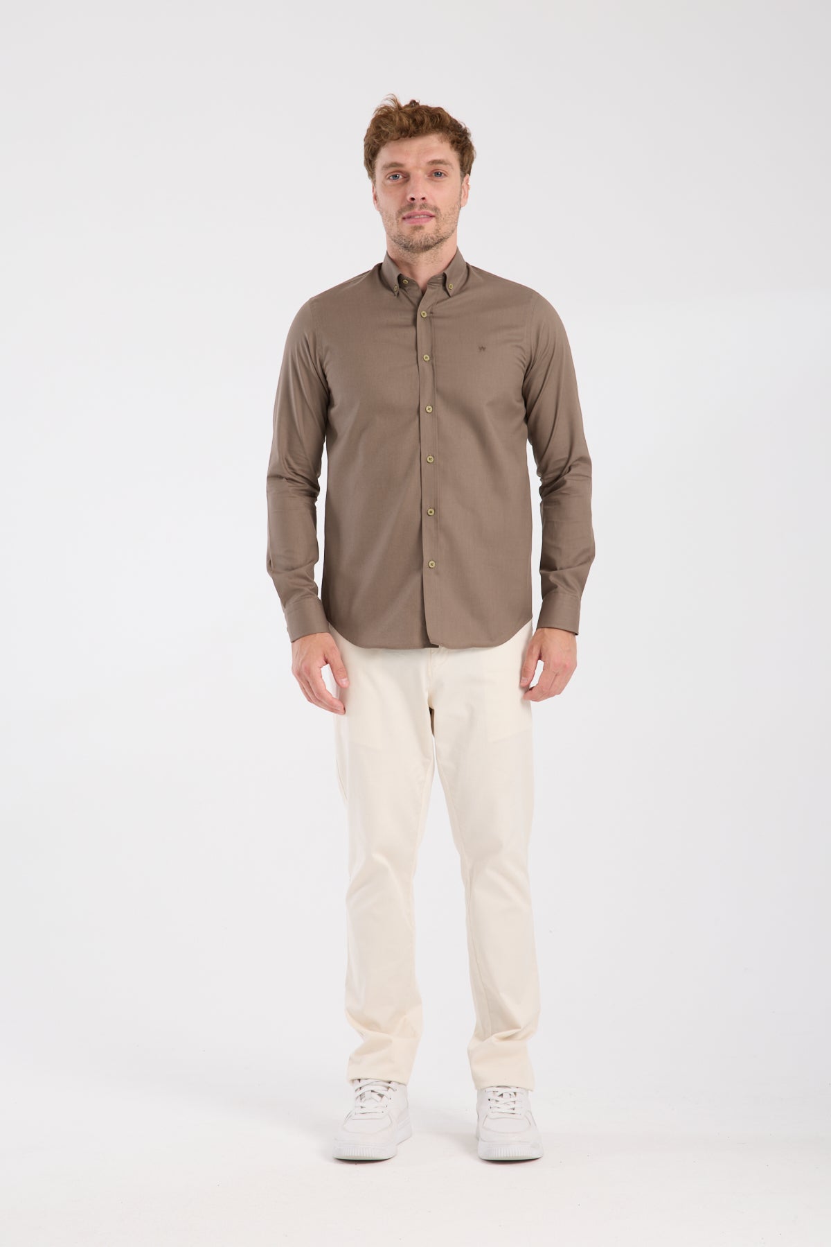 AClub AC10103 Twill Pamuklu Slim Fit Kahverengi Düğmeli Yaka Erkek Düz Gömlek