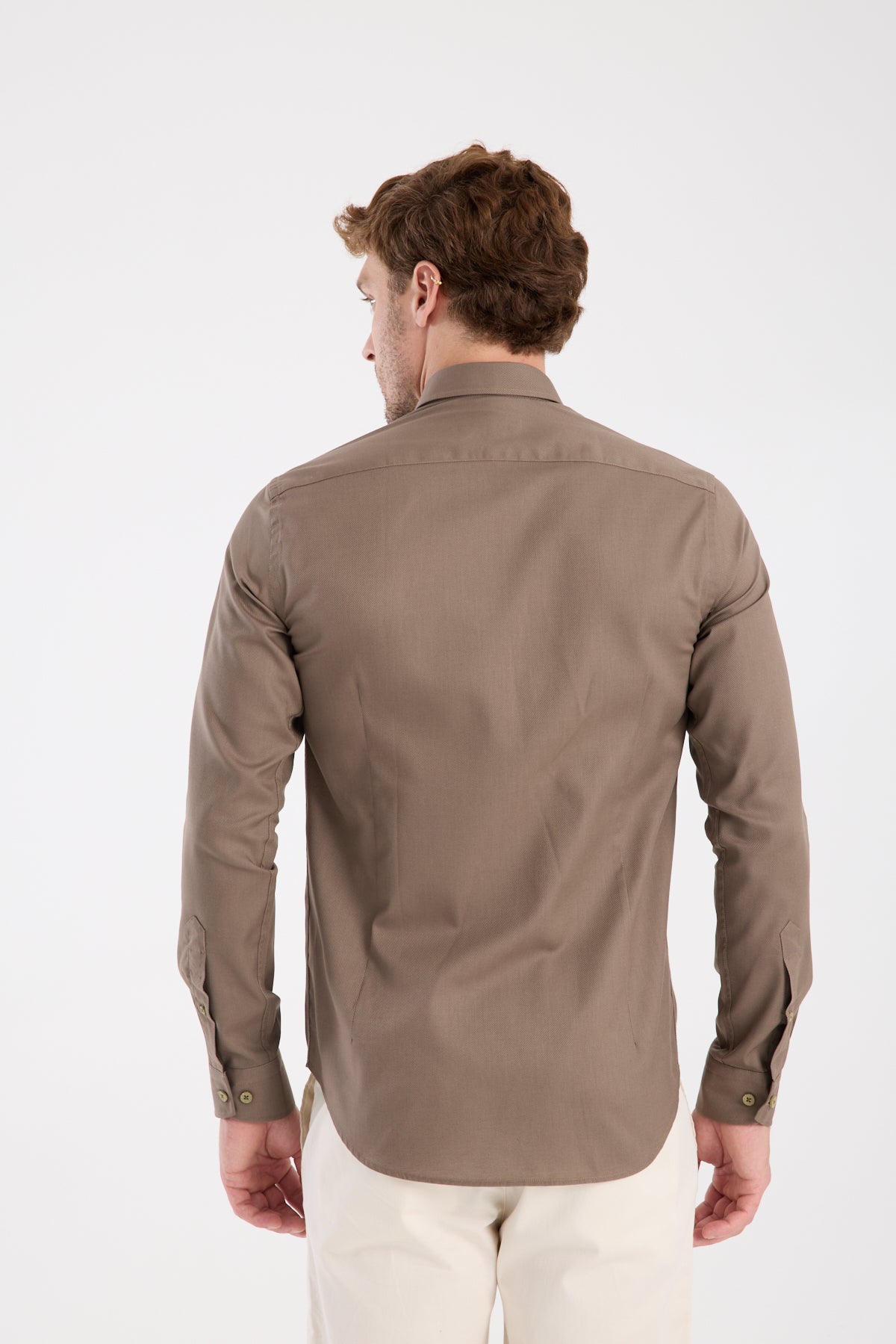 AClub AC10103 Twill Pamuklu Slim Fit Kahverengi Düğmeli Yaka Erkek Düz Gömlek