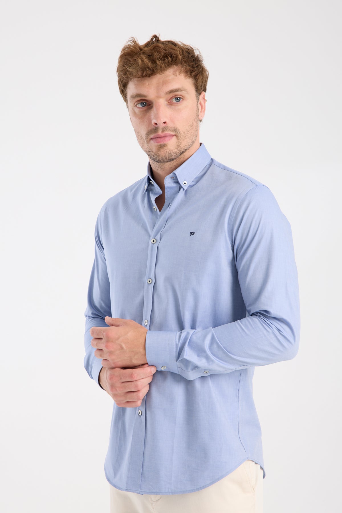 AClub AC10104 Twill Pamuklu Slim Fit Koyu Mavi Düğmeli Yaka Erkek Düz Gömlek