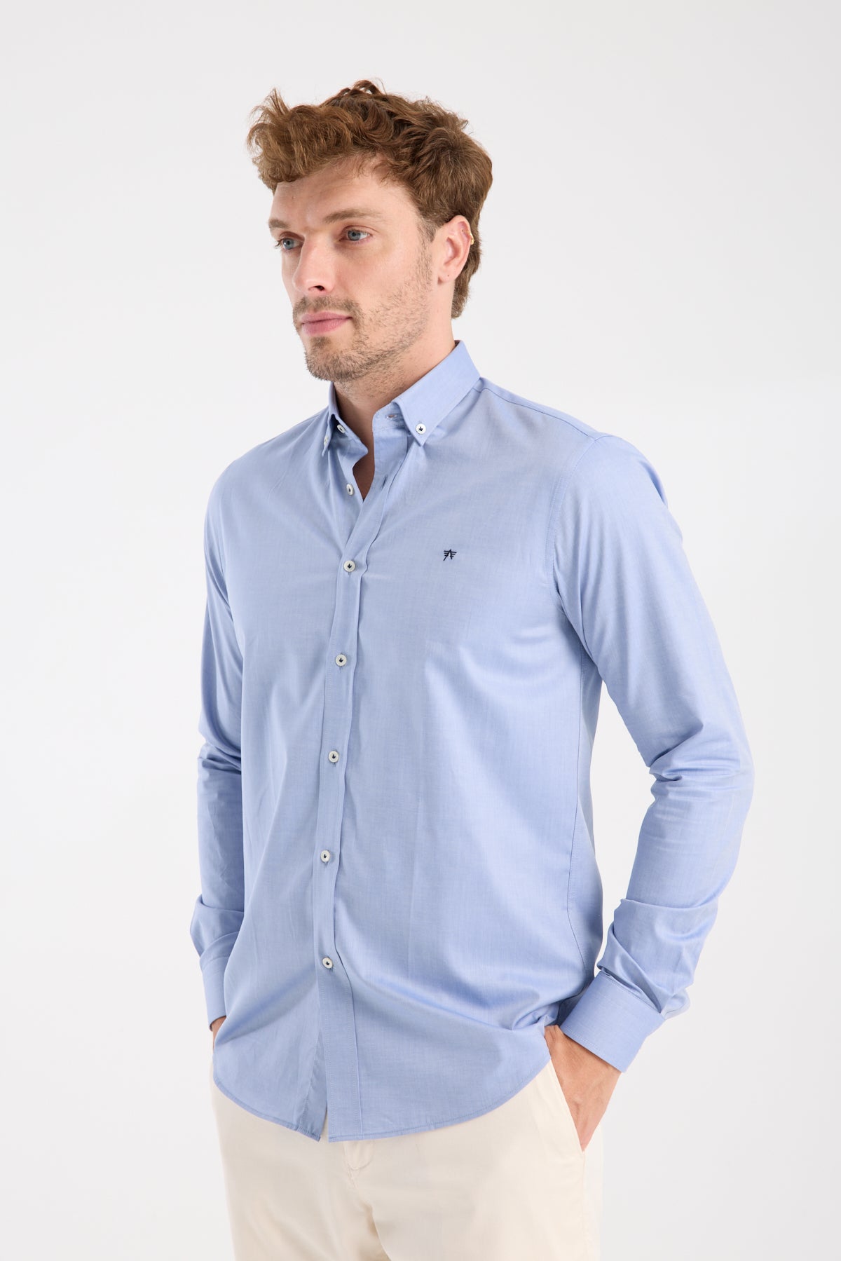 AClub AC10104 Twill Pamuklu Slim Fit Koyu Mavi Düğmeli Yaka Erkek Düz Gömlek