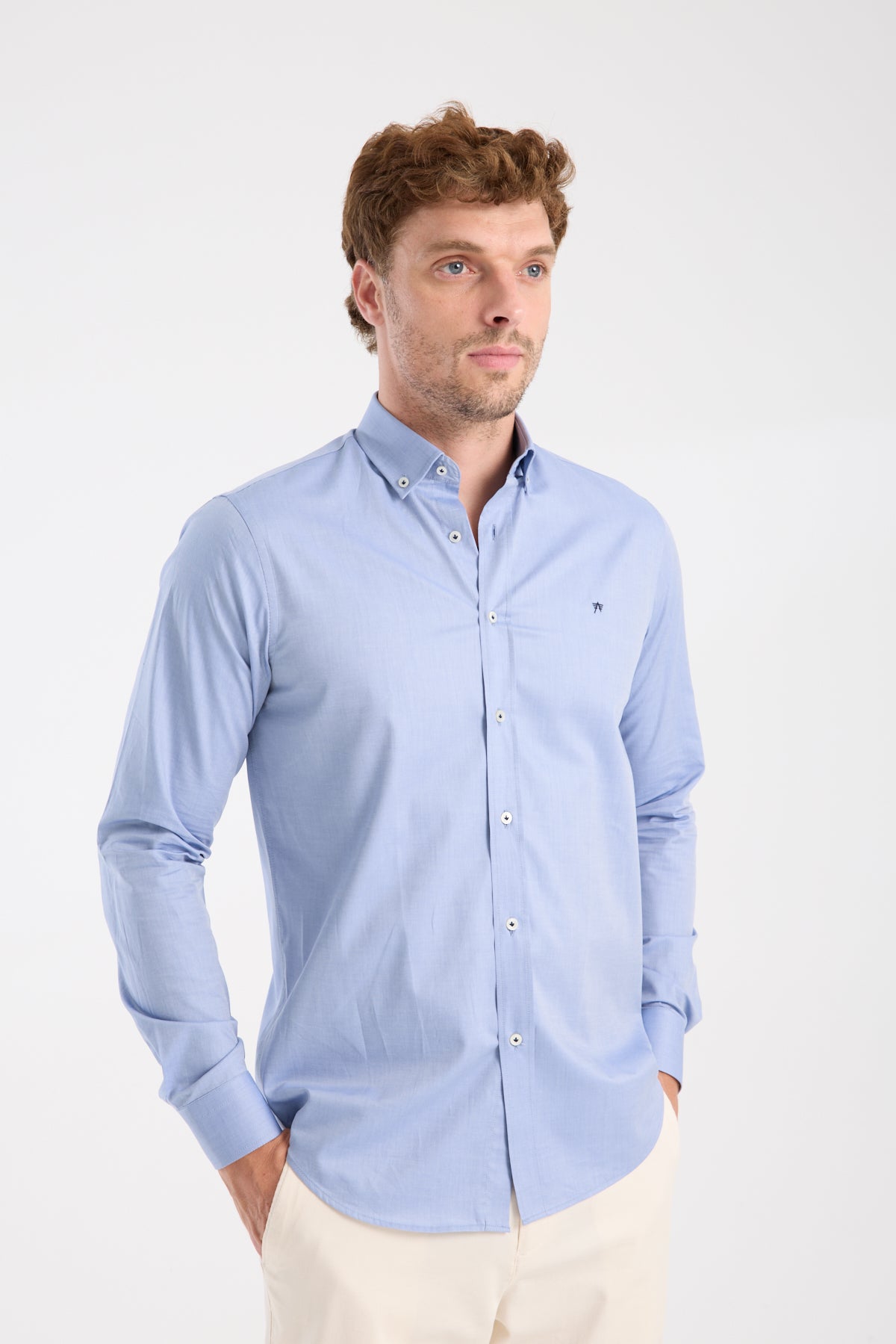 AClub AC10104 Twill Pamuklu Slim Fit Koyu Mavi Düğmeli Yaka Erkek Düz Gömlek