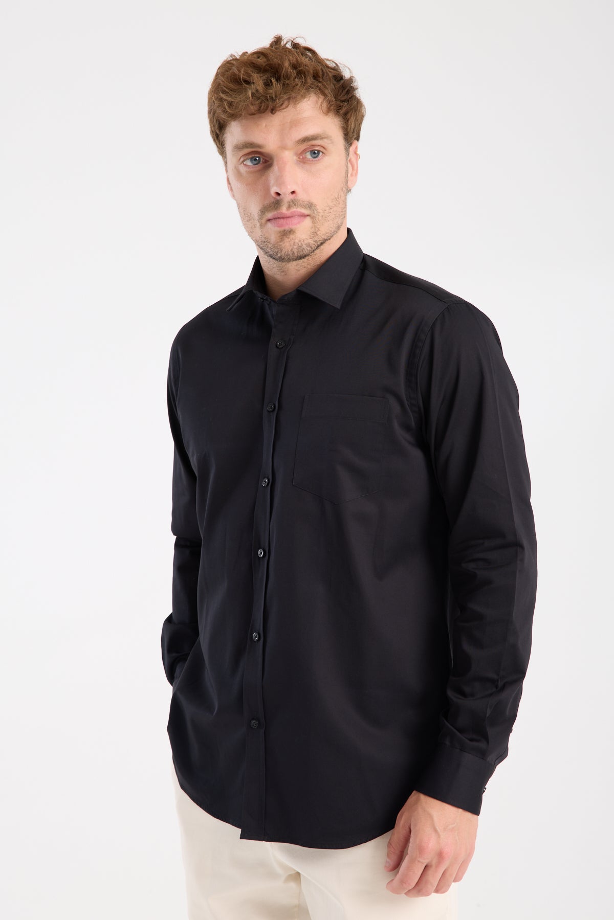 AClub AC10105 Saten Pamuklu Regular Fit Siyah Klasik Yaka Erkek Düz Gömlek