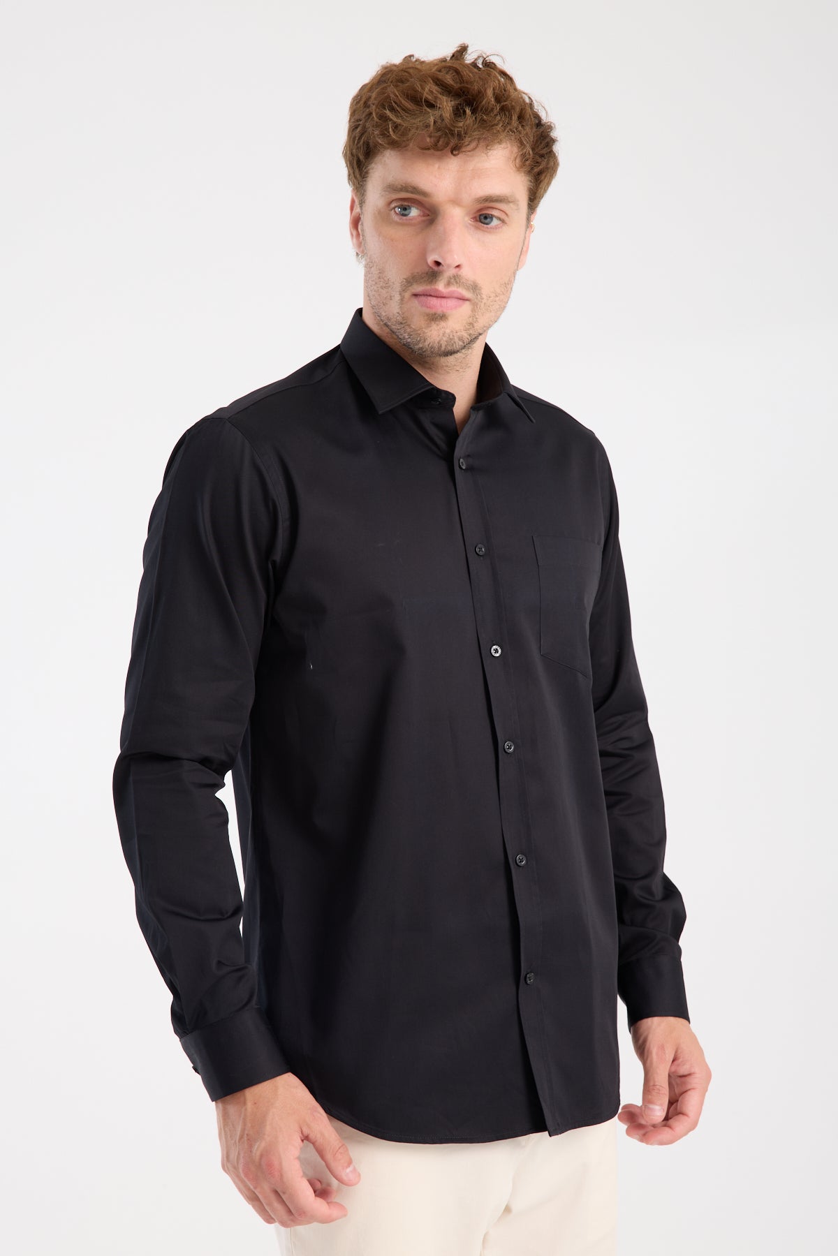 AClub AC10105 Saten Pamuklu Regular Fit Siyah Klasik Yaka Erkek Düz Gömlek