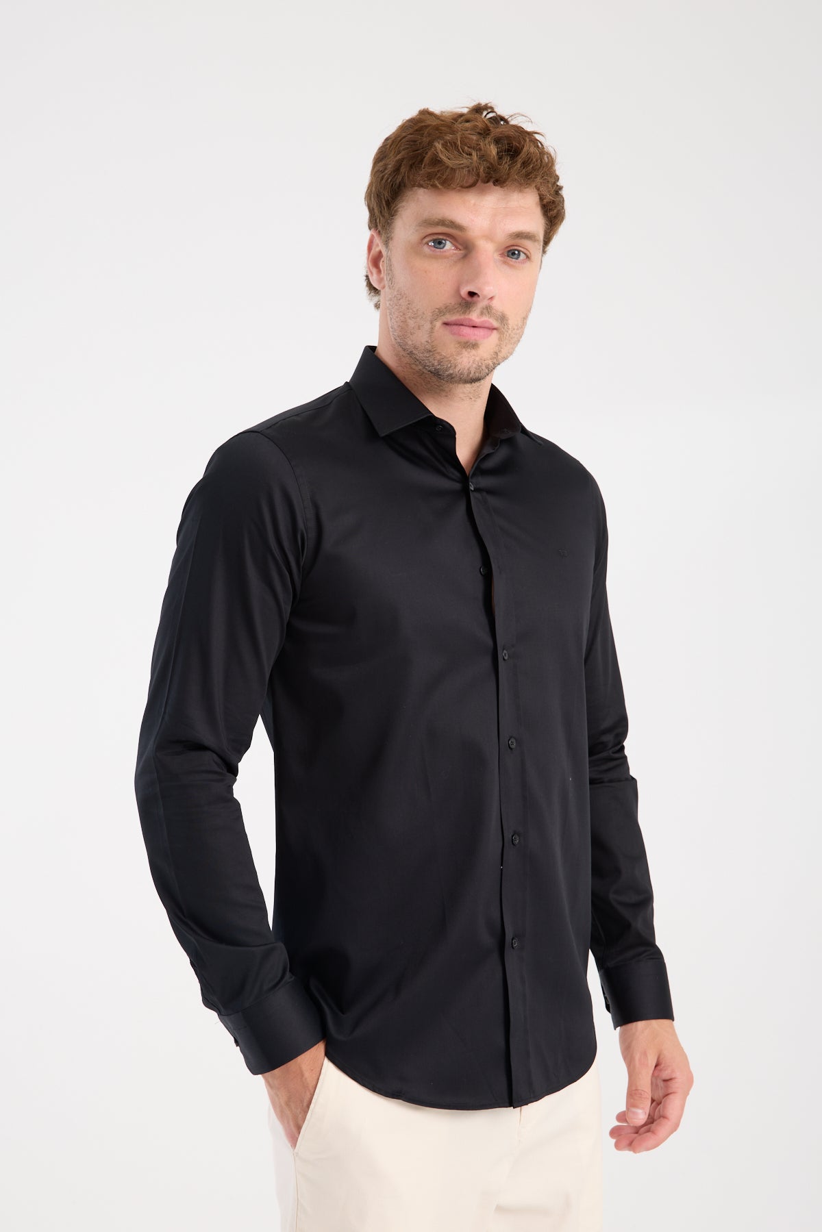 AClub AC10106 Saten Pamuklu Slim Fit Siyah Klasik Yaka Erkek Düz Gömlek