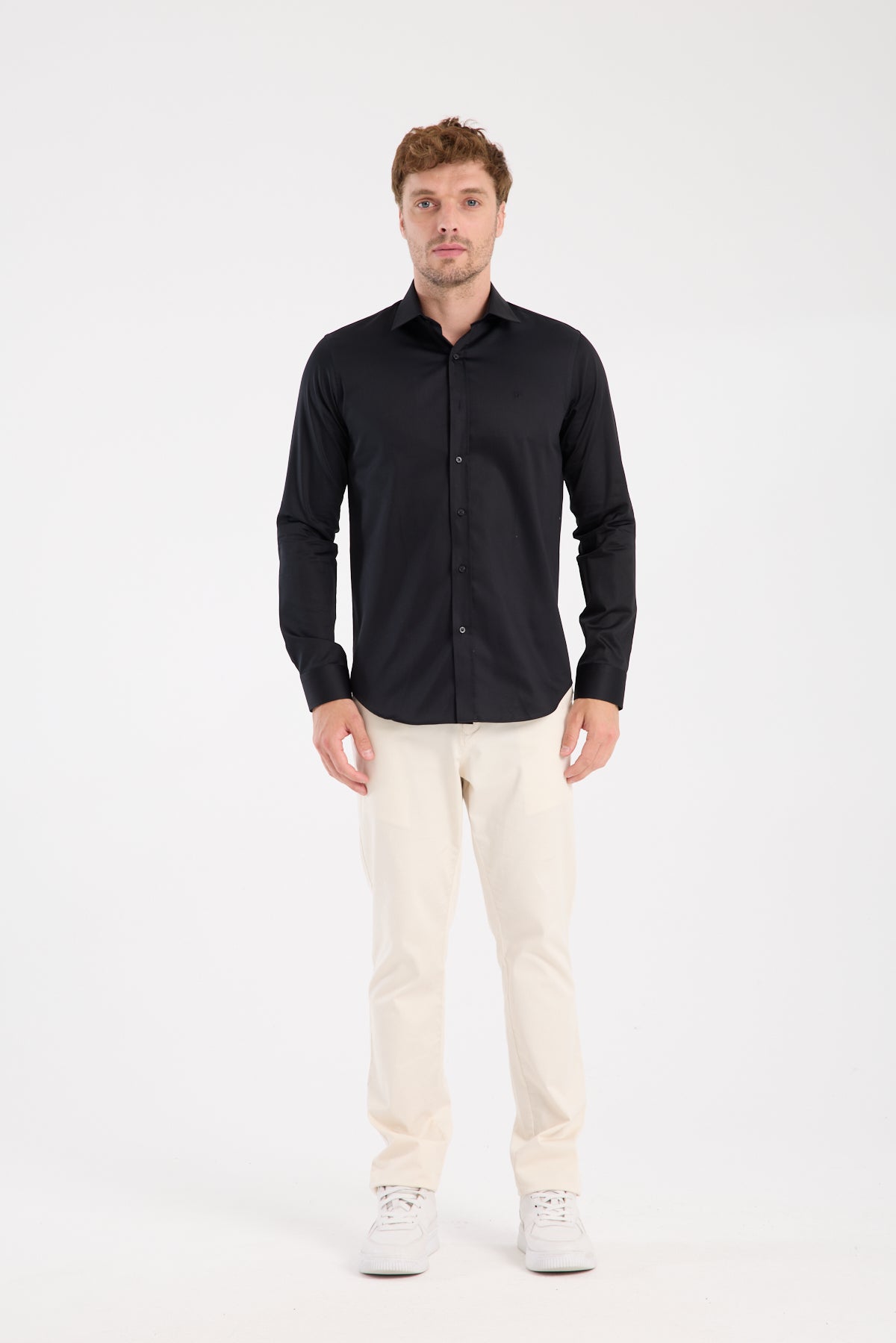 AClub AC10106 Saten Pamuklu Slim Fit Siyah Klasik Yaka Erkek Düz Gömlek