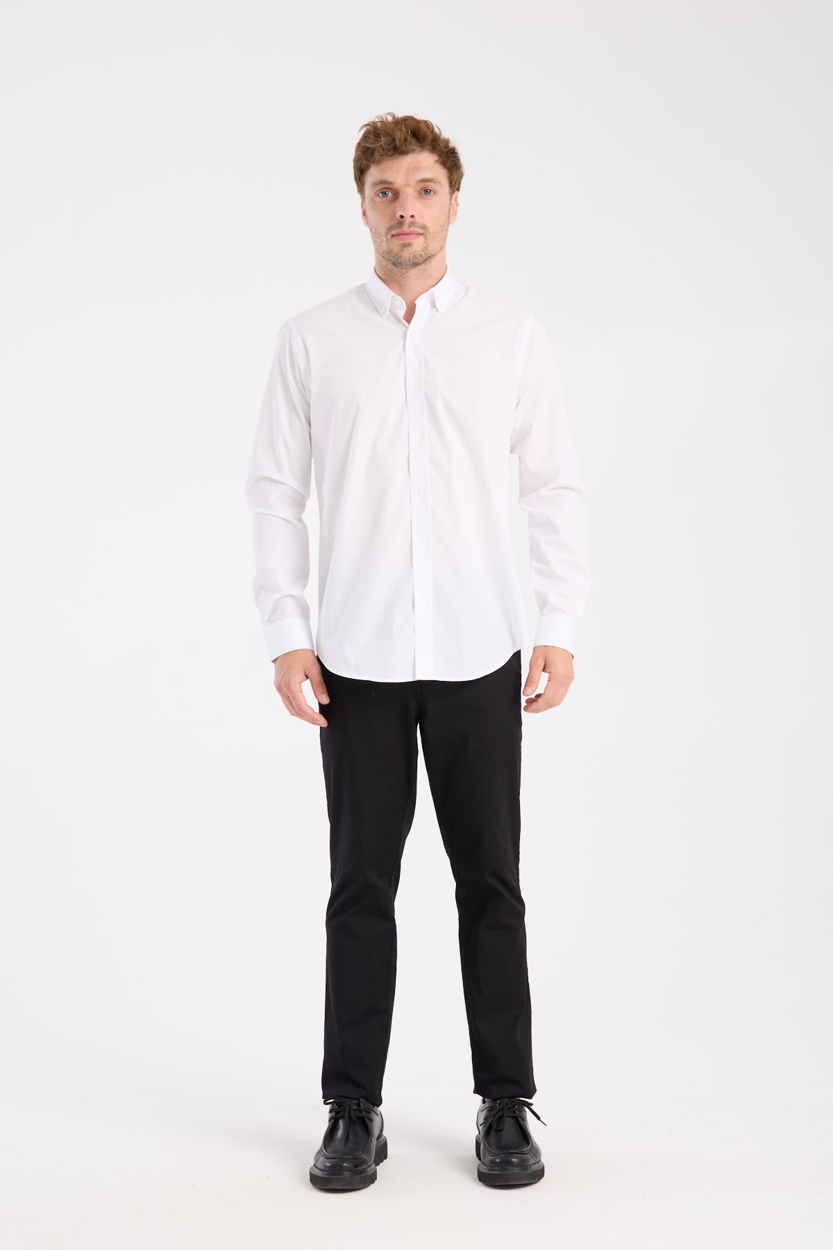 AClub AC10107 Poplin Pamuk Karışımlı Slim Fit Beyaz Düğmeli Yaka Erkek Düz Gömlek