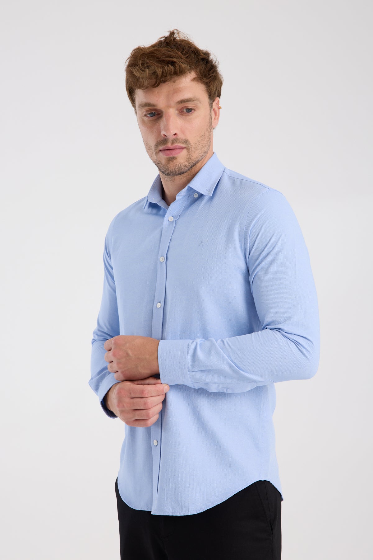 AClub AC10112 Oxford Pamuklu Slim Fit Mavi Düğmeli Yaka Erkek Düz Gömlek