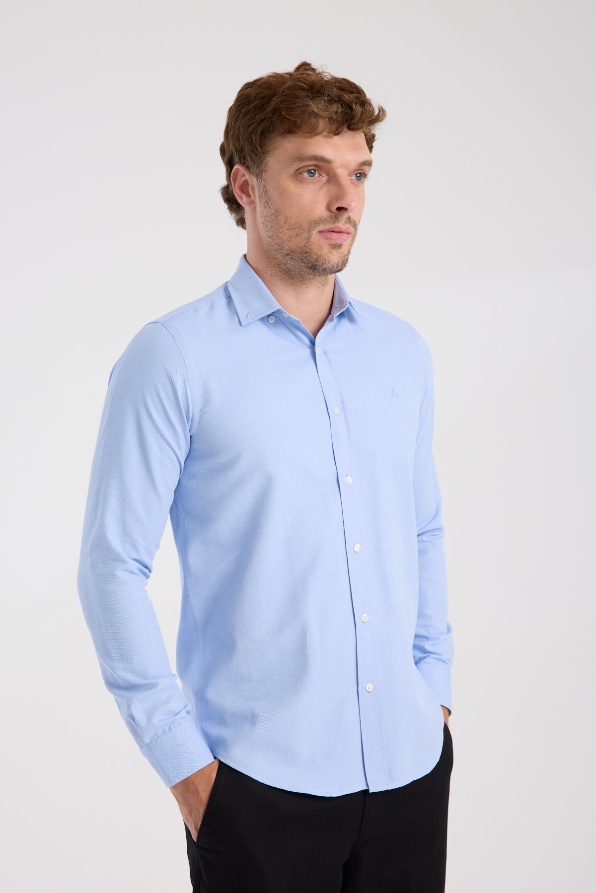 AClub AC10112 Oxford Pamuklu Slim Fit Mavi Düğmeli Yaka Erkek Düz Gömlek