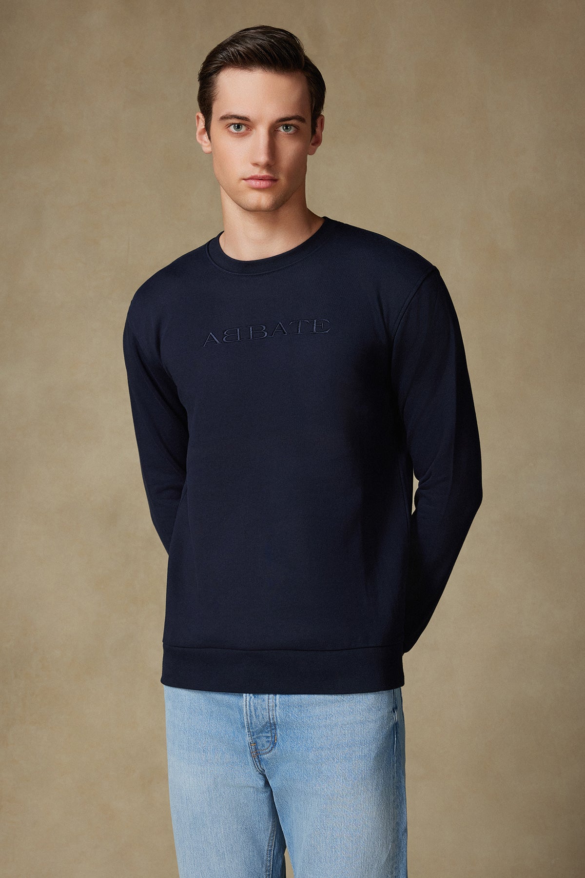 Abbate Sweatshirt Örme Kumaş Pamuklu Comfort Fit Lacivert Bisiklet Yaka Erkek Nakışlı Sweatshirt